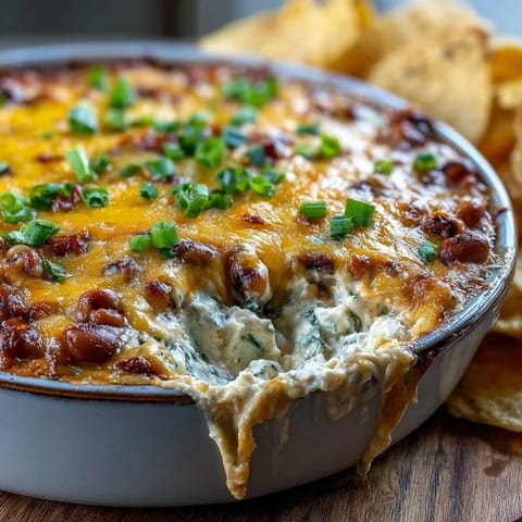 Steaming hot Hot Black-Eyed Pea Dip with melted cheddar cheese and pickled jalapeños in a baking dish, ready for dipping.