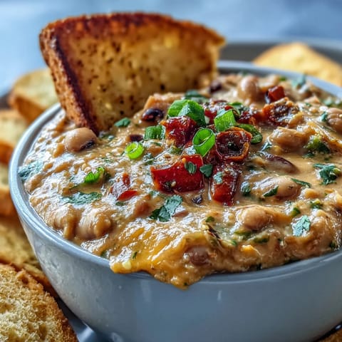 A spoon scooping into warm Hot Black-Eyed Pea Dip with Jalapeño and Cumin, revealing a creamy, chunky texture flecked with red peppers and herbs.