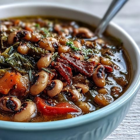 A bowl of Greek-Style Slow Cooker Black-Eyed Peas, garnished with fresh parsley and lemon wedges, is ready to serve with crusty bread.