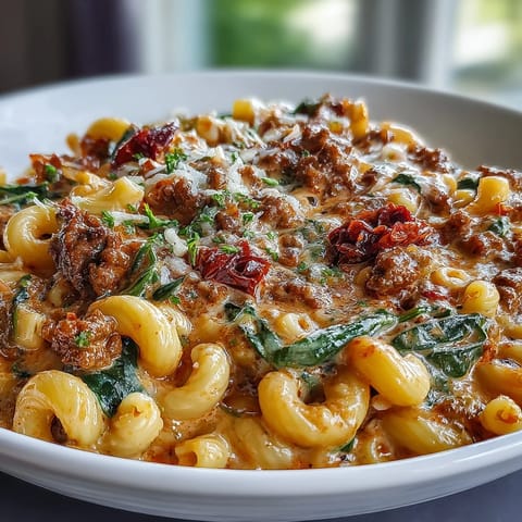 Steaming bowl of Creamy Tuscan Chili Mac featuring elbow pasta, ground beef, and spinach in a rich tomato cream sauce.