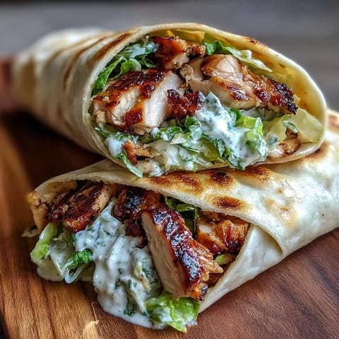 Golden-brown grilled chicken slices and crisp romaine lettuce fill a warm garlic naan wrap, drizzled with creamy Caesar dressing and topped with Parmesan. Garlic Naan Grilled Chicken Caesar Wraps served on a rustic plate.