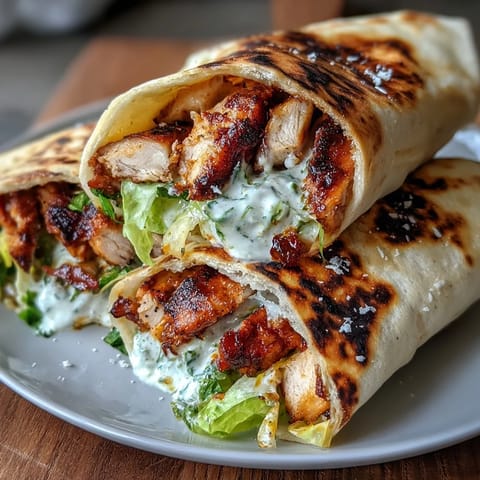 Freshly grilled chicken rests on a bed of romaine inside a toasty garlic naan wrap, garnished with grated Parmesan and black pepper. Garlic Naan Grilled Chicken Caesar Wraps make a perfect fusion dinner.