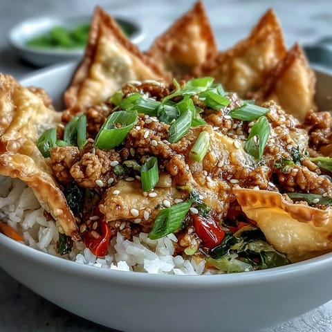Fluffy white rice topped with savory ground chicken, crunchy cabbage, and red bell peppers in Crispy Baked Egg Roll Chicken Bowls.
