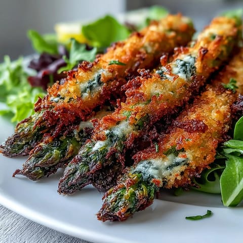 Crispy Parmesan Asparagus Chicken Salad with tender shredded chicken and mixed greens on a white plate.