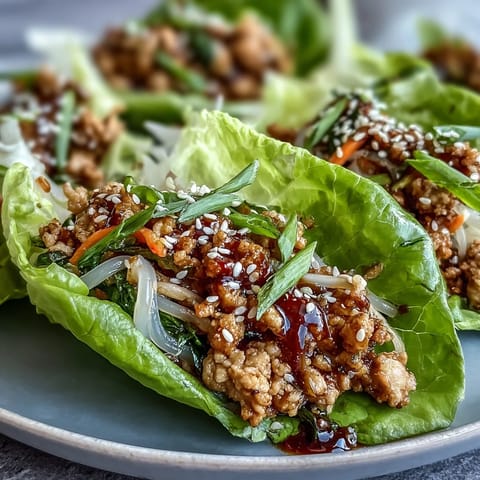 Freshly cooked Potsticker Noodle Lettuce Cups with savory turkey filling nestled in crisp butter lettuce leaves, garnished with sesame seeds and scallions.