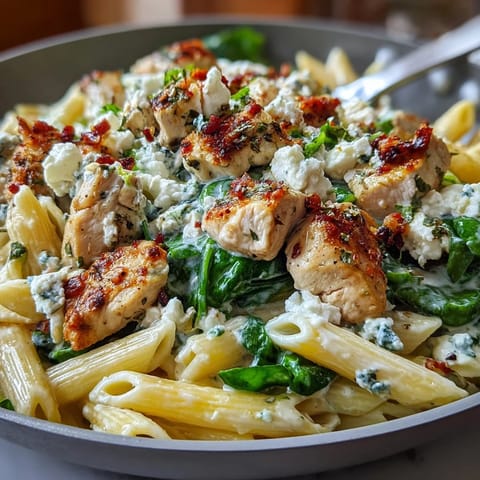 Golden-brown chicken pieces and penne pasta in a creamy Greek yogurt and feta sauce with wilted spinach, all served steaming in a cast-iron skillet.