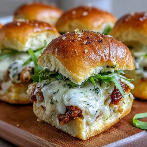 Golden-brown Pesto Chicken Parmesan Sliders baked on a parchment-lined sheet, featuring melty mozzarella and fresh basil garnish.