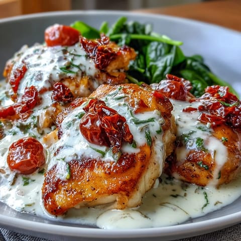 Creamy Tuscan Chicken Skillet with golden seared chicken in rich garlic cream sauce and spinach.