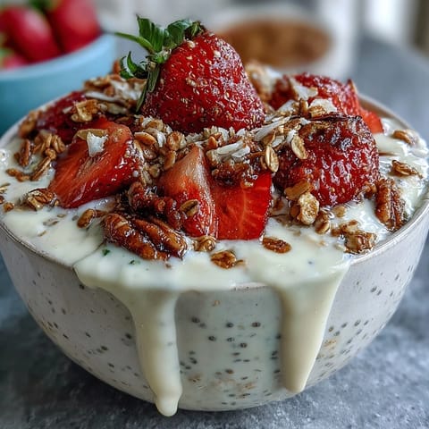 Strawberry Overnight Oats with Chia Seeds and Granola: Creamy oats infused with chia seeds and topped with juicy strawberries and crunchy granola for a satisfying breakfast.