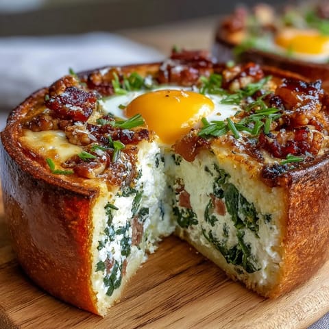 Flaky pastry Easter pie stuffed with spinach, ham, and whole eggs, baked golden and ready for spring celebrations.