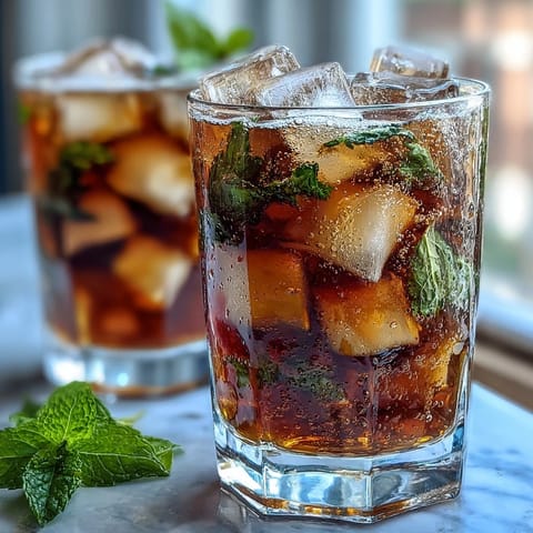 Vibrant iced tea blending ripe mango and peach flavors, chilled with fresh mint and ice cubes.  