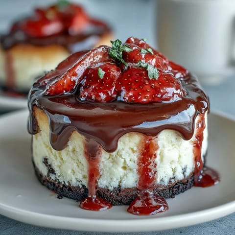 Easy Dubai Chocolate Strawberry Cheesecake Cups with rich chocolate biscuit base and creamy cheesecake filling, topped with fresh strawberries and glossy dark chocolate ganache.