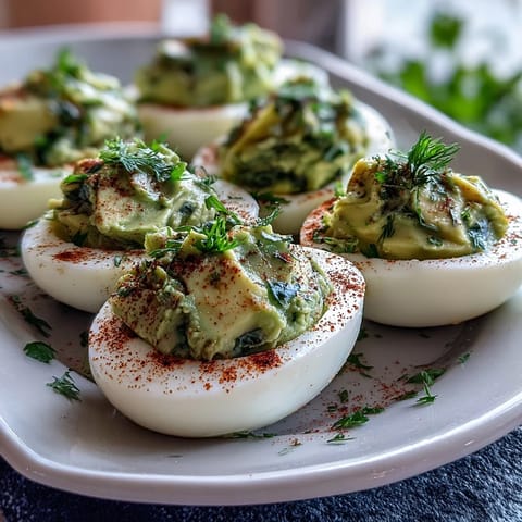Vibrant green avocado filling piped into classic deviled egg whites, garnished with dill and chives.  