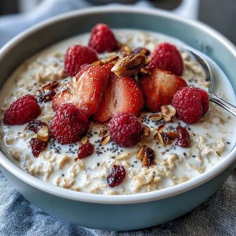 A vibrant breakfast bowl of strawberry overnight oats topped with chia seeds, crunchy nuts, and coconut for a nutritious start.