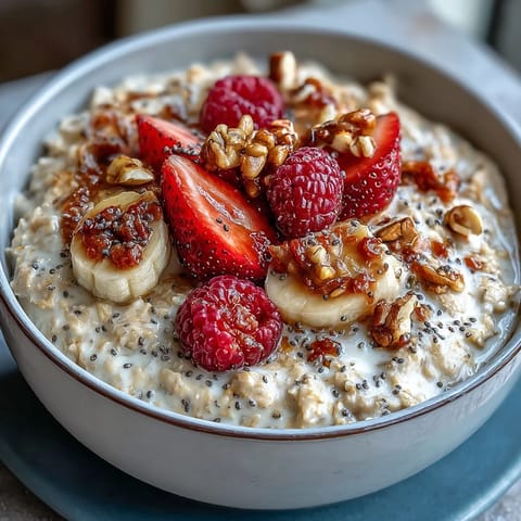 Creamy overnight oats with fresh strawberries and chia seeds, a healthy and delicious breakfast jar ready to grab and go.