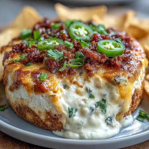 Creamy Cinco de Mayo Loaded Queso Dip with spicy chorizo, fresh pico de gallo, and melty cheese, perfect for dipping tortilla chips.