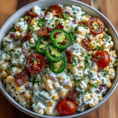 Creamy Corn Salad with Jalapeño bursting with fresh corn, cherry tomatoes, and crisp vegetables in a tangy dressing.  