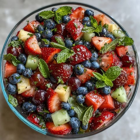Vibrant strawberry lemonade fruit salad with juicy strawberries, blueberries, and pineapple in a tangy citrus dressing.