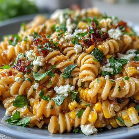 Creamy Elote Corn Pasta Salad with Cotija, charred corn, and zesty lime dressing in a vibrant bowl.  