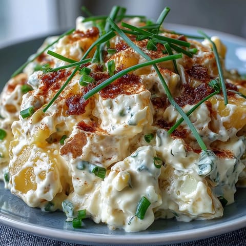 Creamy Classic Deviled Egg Potato Salad with tender potatoes, tangy mustard dressing, and fresh herbs in a serving bowl.