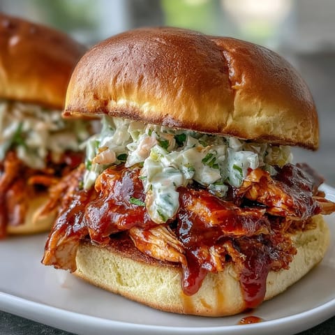Juicy pulled BBQ chicken smothered in smoky sauce, served on a toasted brioche bun with crunchy coleslaw.