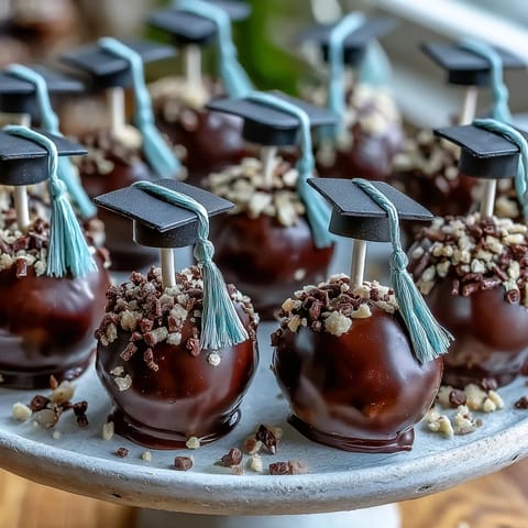 Festive graduation cake pops in school colors, a decadent chocolate treat.