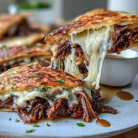 Golden-brown Cinco de Mayo Birria Quesadillas with savory shredded beef and melted cheese.