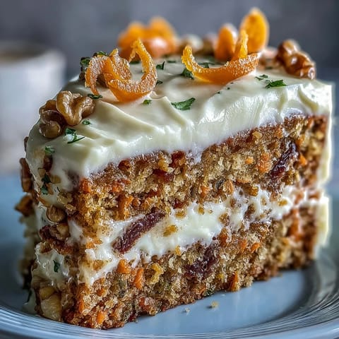 Moist Easter carrot cake topped with creamy frosting and delicate candied carrot curls.