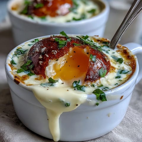 Close-up of baked Easter Eggs en Cocotte, creamy yolks glistening atop herbed custard.