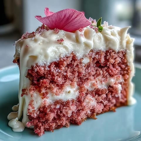 Beautiful Bridal Shower Rosé Velvet Cake with creamy frosting and stunning gold accent.