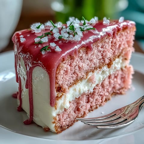 Rosé Velvet Cake, moist tiers adorned with creamy frosting and shimmering gold ganache.