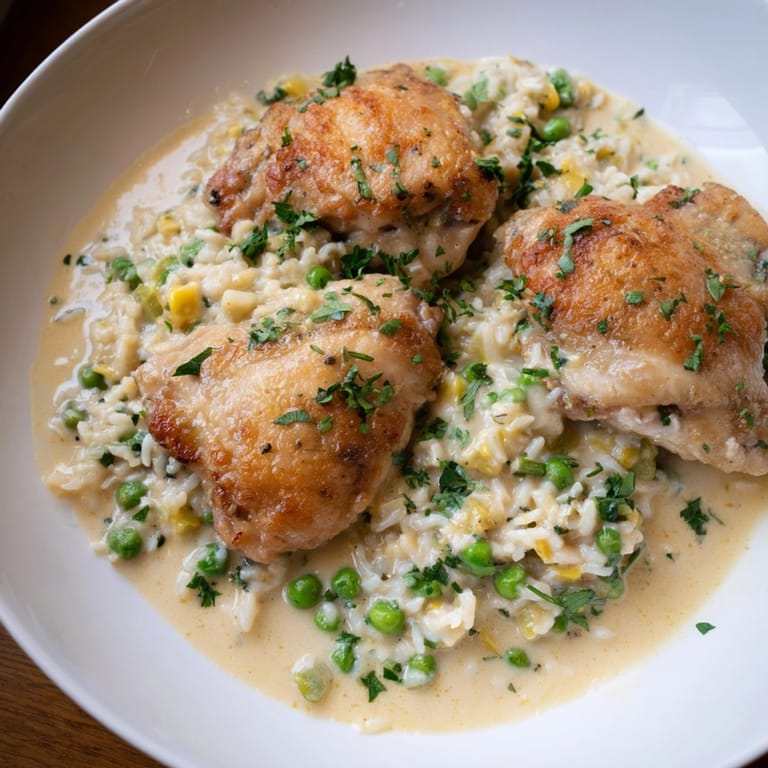 Close-up of one-pot creamy lemon chicken and rice with golden seared chicken and vibrant peas.