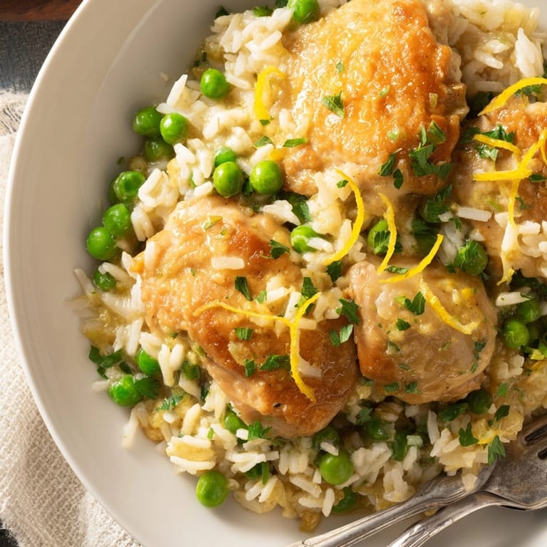 Hearty one-pot creamy lemon chicken and rice in a Dutch oven, ready for family dinner.