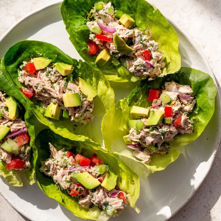 A close-up shot of delicious, quick tuna salad lettuce wraps – a low-carb, light lunch option.