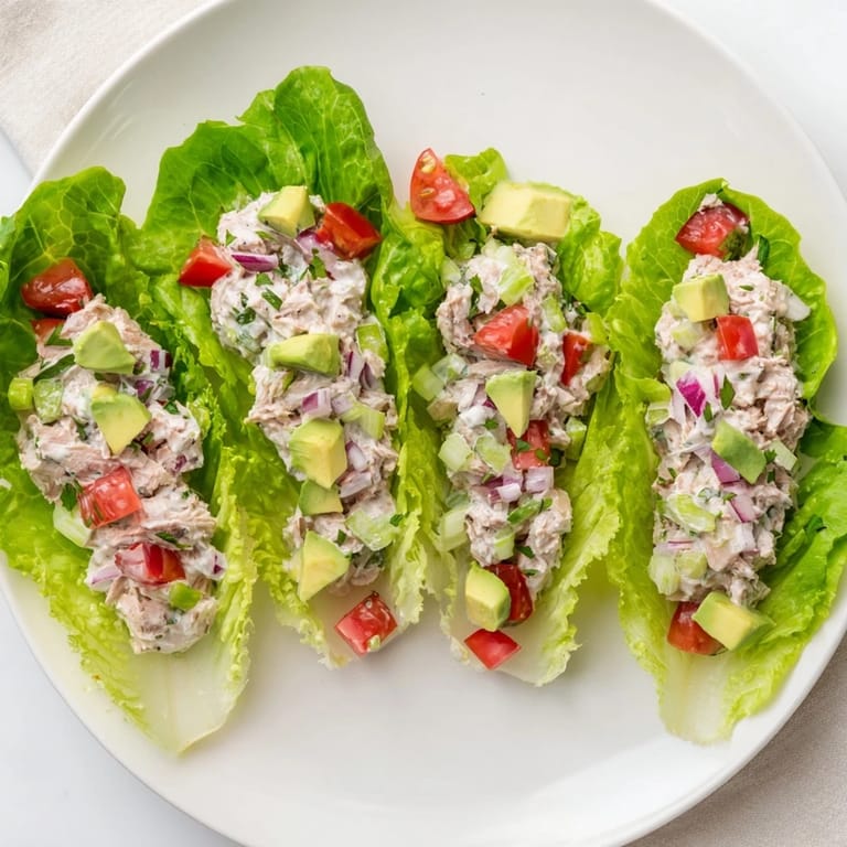 Enjoy the refreshing crunch of tuna salad lettuce wraps, filled generously and ready to eat now.