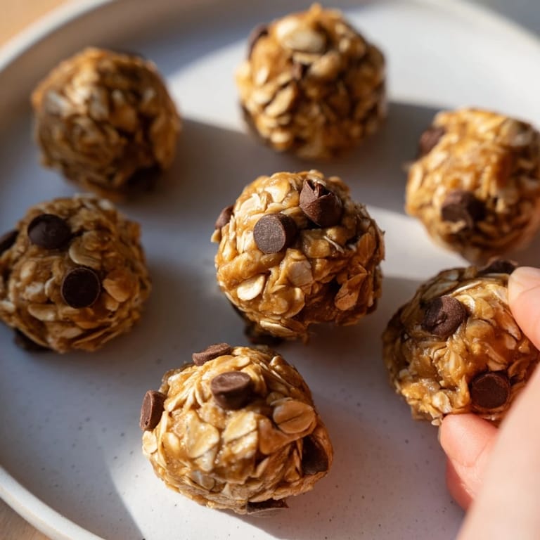 A close-up of perfectly round no-bake peanut butter energy balls ready to grab and enjoy.