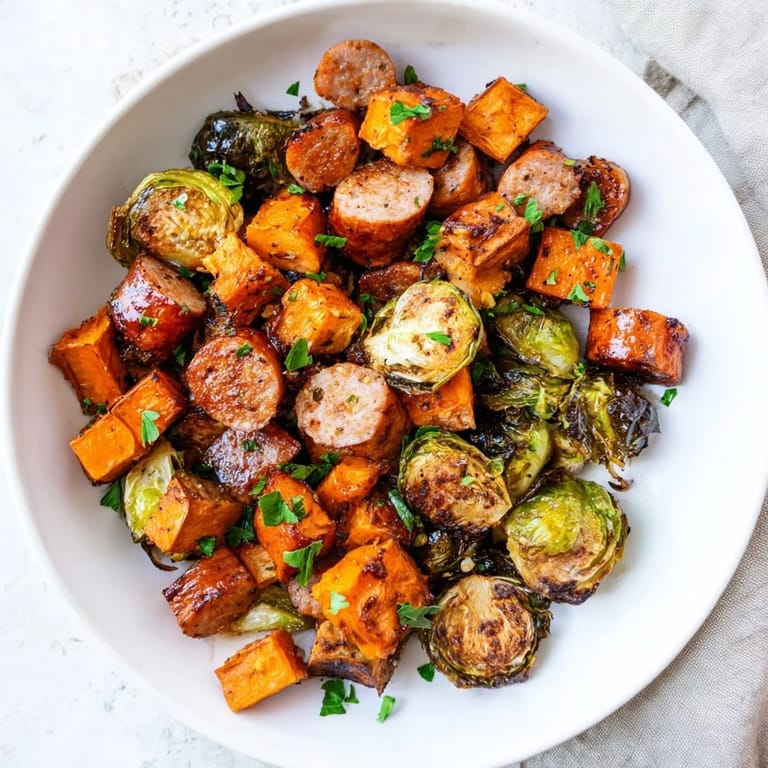 Golden-brown Sheet Pan Sausage, Sweet Potato, and Brussels Sprouts, offering a delicious and simple weeknight dinner.