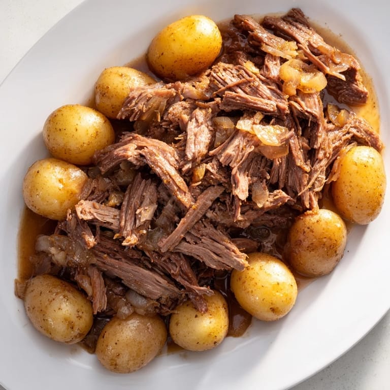 Fork-tender pot roast in a slow cooker, seasoned with onion soup mix and flavorful beef broth.