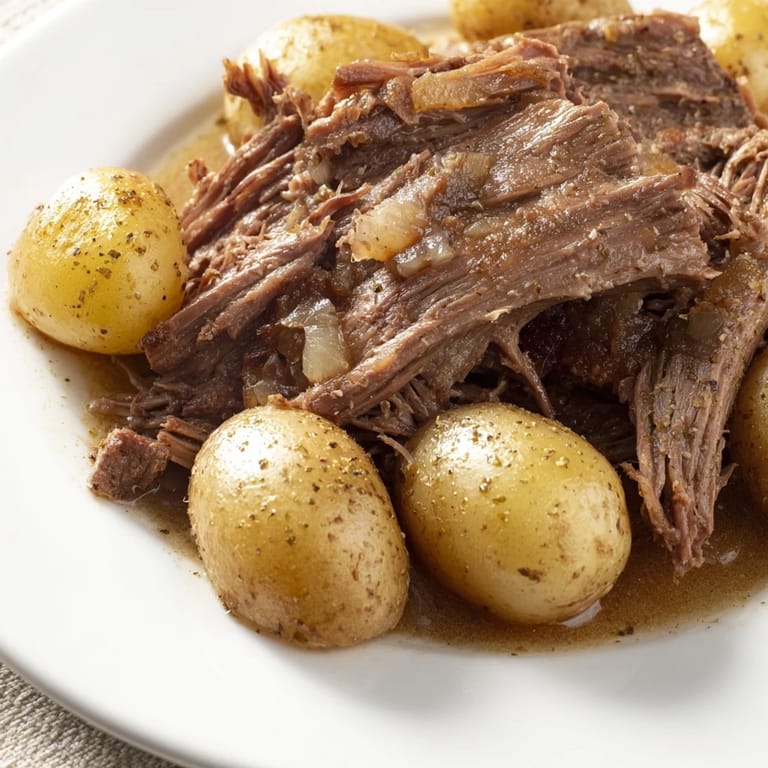 Close-up of a slow cooker pot roast with potatoes, slow-cooked to perfection for easy serving.