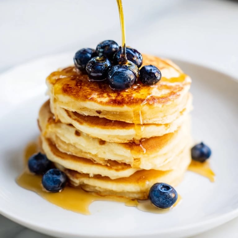 Stack of light and airy ricotta pancakes, topped with fresh berries, ready for a delicious brunch.