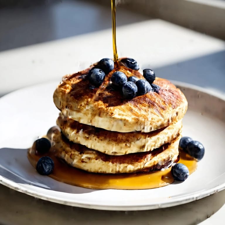 Close-up of bubbling, cooked ricotta pancakes on a griddle, anticipating a delightful first bite.