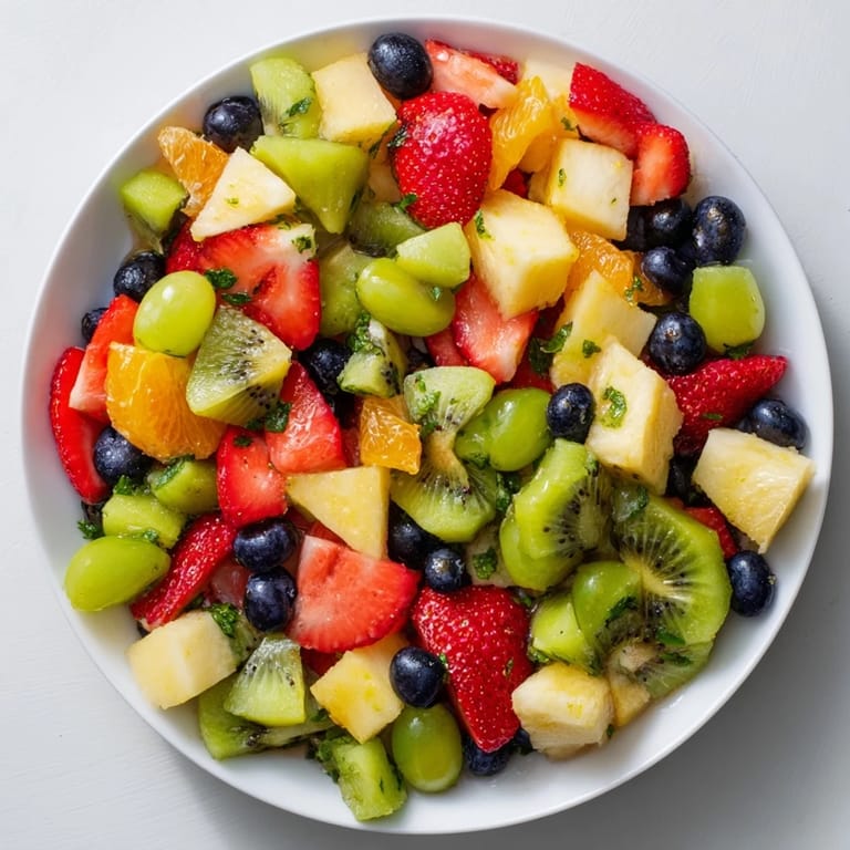 Colorful chunks of fresh fruit—strawberries, grapes, and kiwi—combine for this perfect fruit salad.