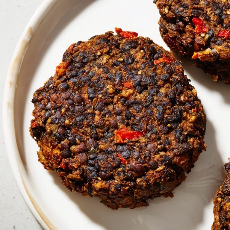 A close-up of a sizzling Vegetarian Black Bean Burger, cooked with peppers and smoky spices.