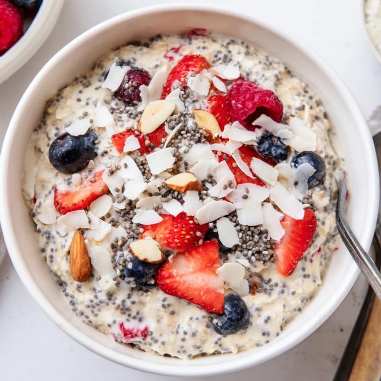 Sweet and refreshing overnight oats with berries showcase a layered jar with fresh toppings.