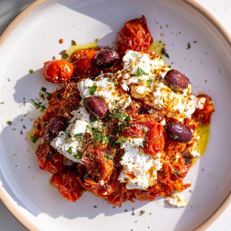 Golden, baked feta cheese mingling with pasta, creating a delicious Homemade Baked Feta Pasta meal.
