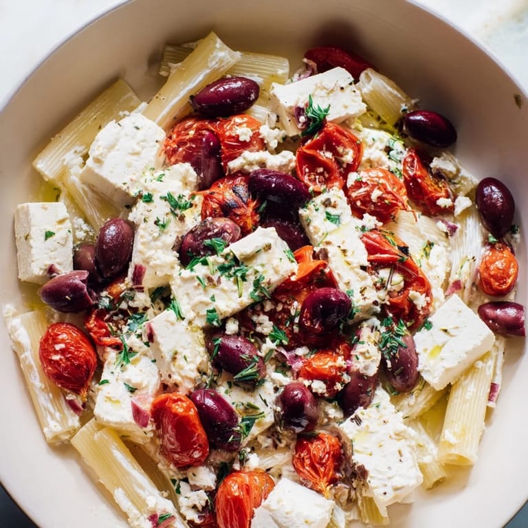 A close-up of vibrantly red Baked Feta Pasta, ready to serve with fragrant basil garnish.