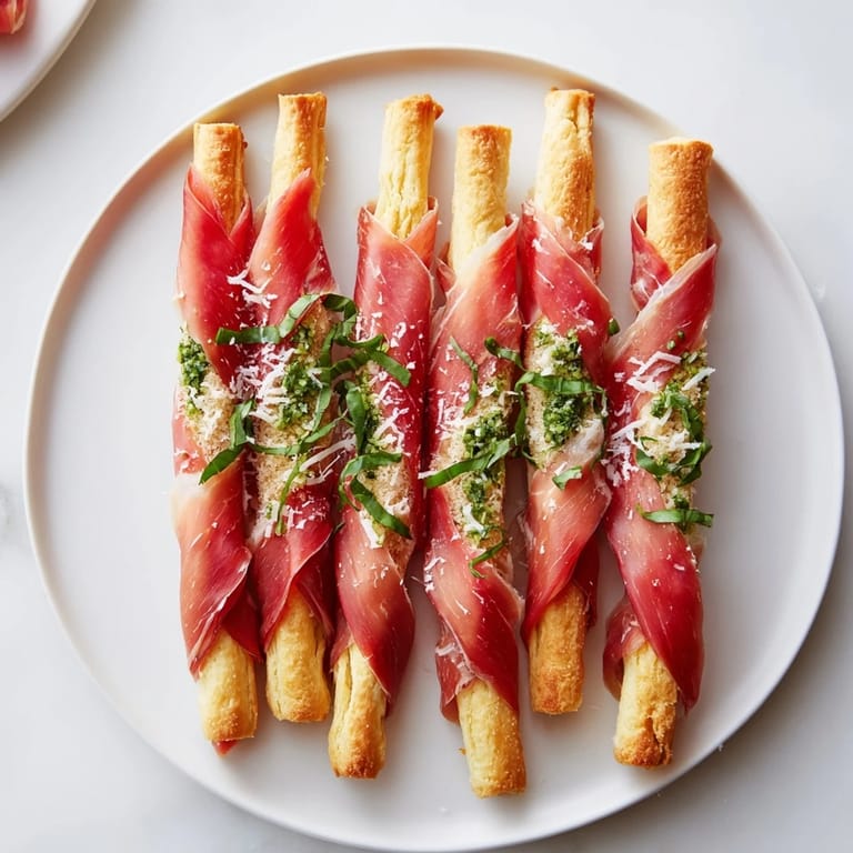 Crispy breadstick Golden Gate towers connected by delicious prosciutto, perfect party appetizer arrangement.