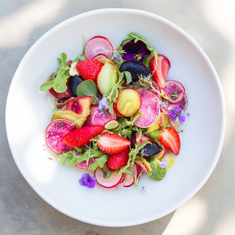 Delicious The Shadow Play appetizer: a modern starter with dark olives, bright beets, and edible flowers for a visual treat.