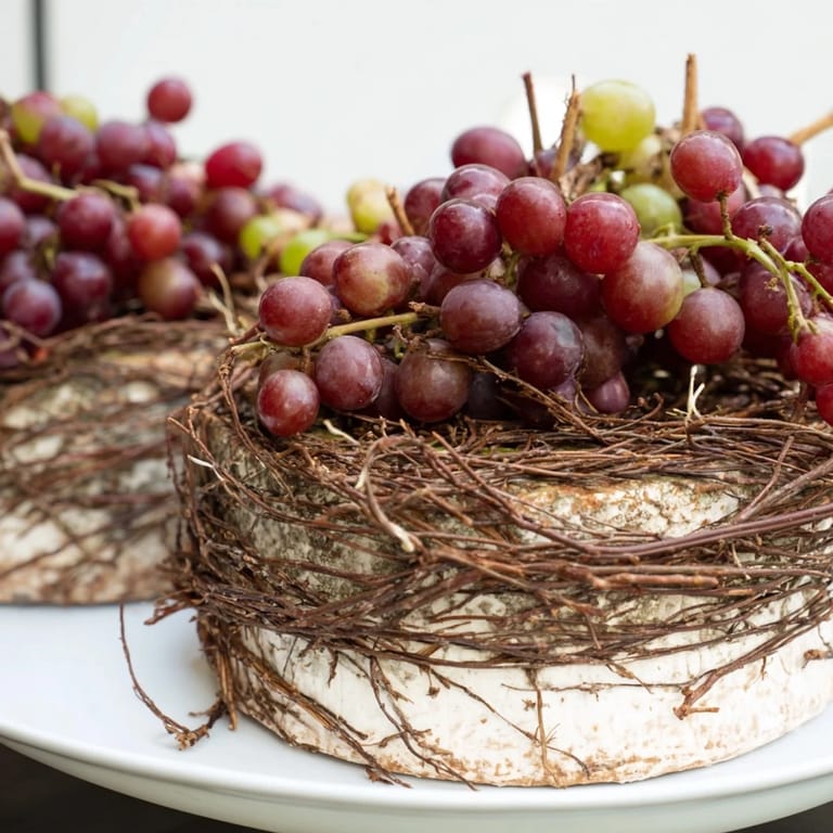 Enjoy The Rustic Vineyard: A beautifully arranged platter of cheese, grapes, and grapevine, perfect for sharing.