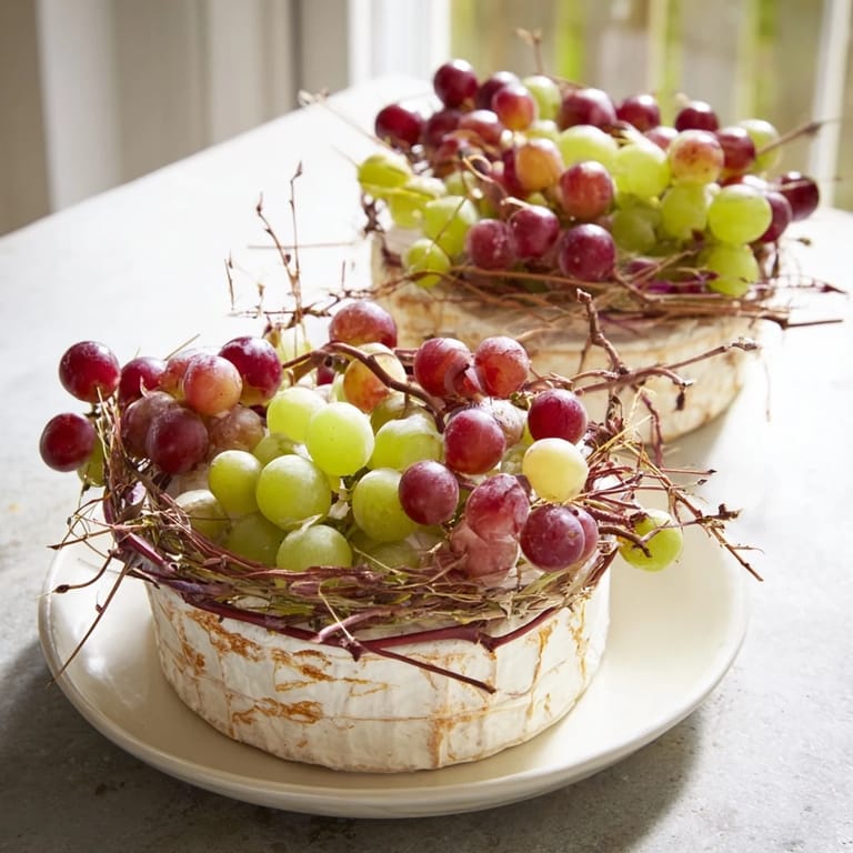 Image of The Rustic Vineyard: Artisanal cheese wheels adorned with fresh grapes and vibrant grapevine leaves.